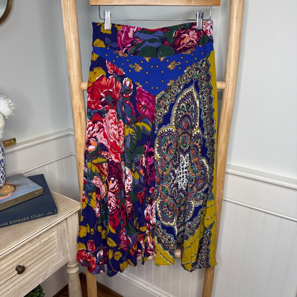 Moulinette Soeurs Anthropologie Mixed Floral Paisley Midi Skirt Pom Trim Size 6